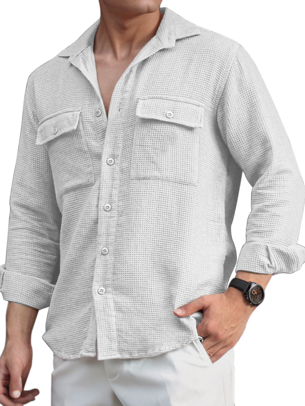 Men's Everyday Casual Solid Color Double Pocket Waffle Lapel Long Sleeve Shirt