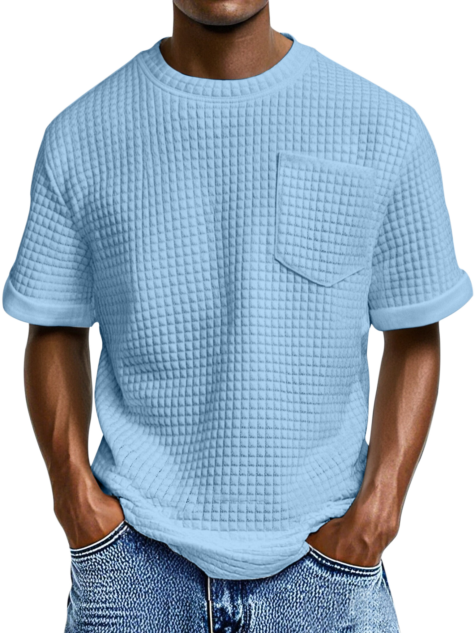 Men's Casual Loose Small Square Texture Pocket Round Neck Short-sleeved T-shirt