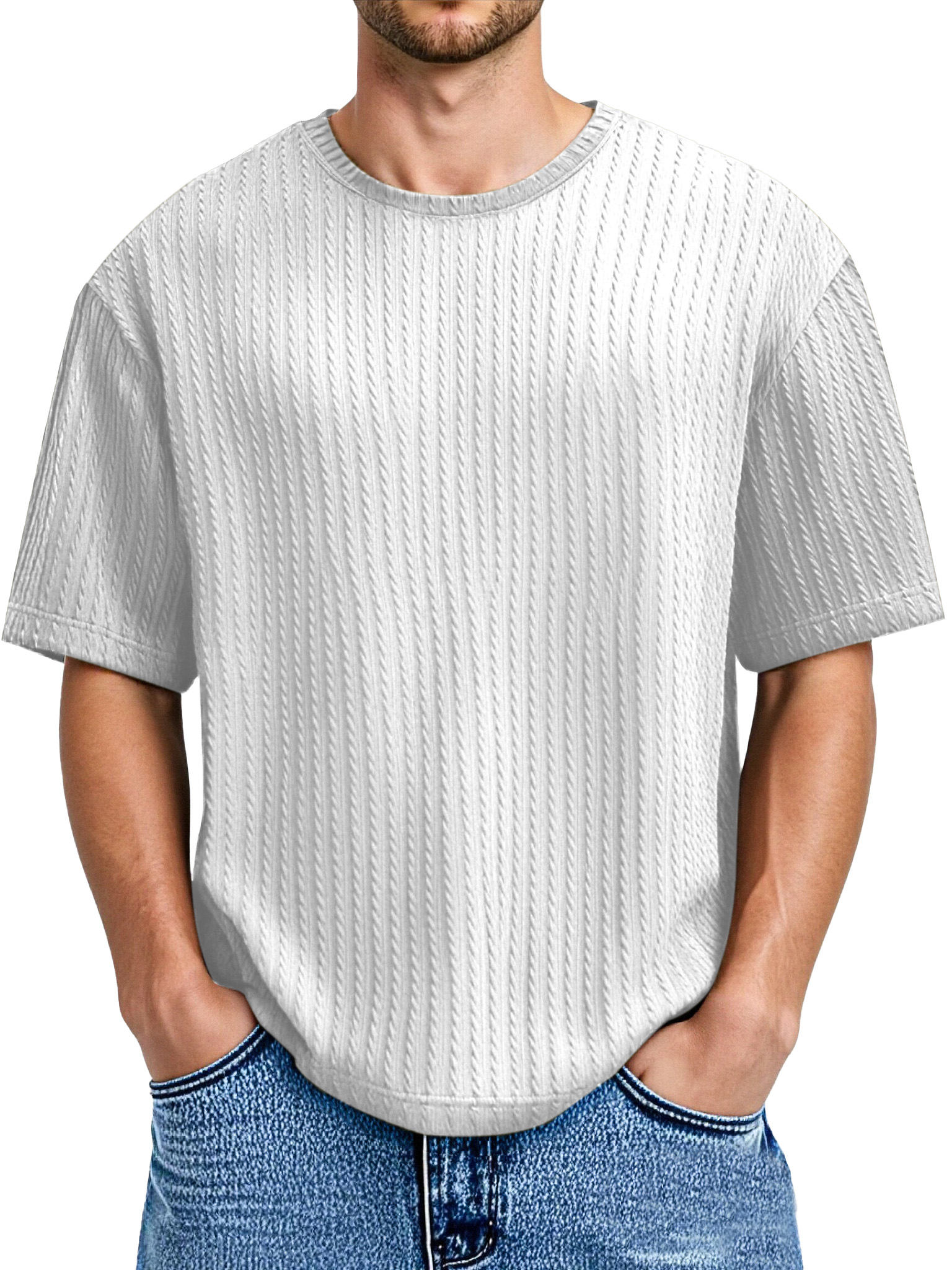 Men's Daily Solid Color Twist Texture Short-sleeved Round Neck T-shirt