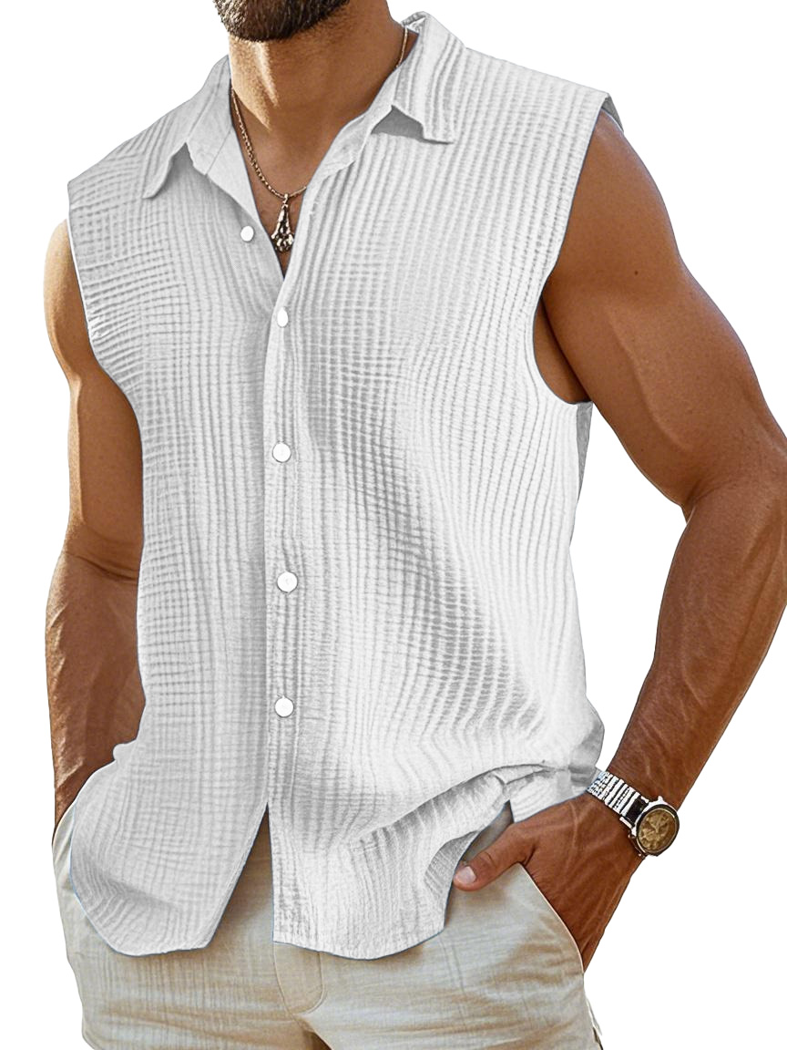 Men's Casual Pleated Texture Solid Color Sleeveless Shirt
