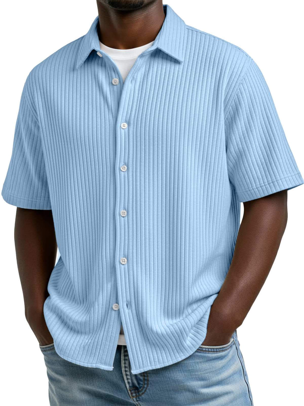 Men's Simple Solid Color Vertical Stripe Lapel Short-Sleeve Shirt