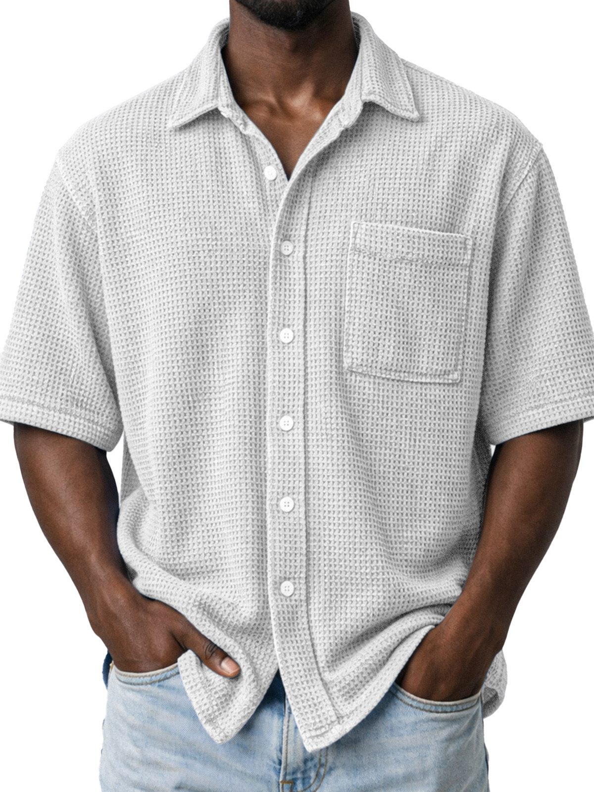 Men's Casual Solid Color Waffle Knit Short-sleeved Shirt With Pockets