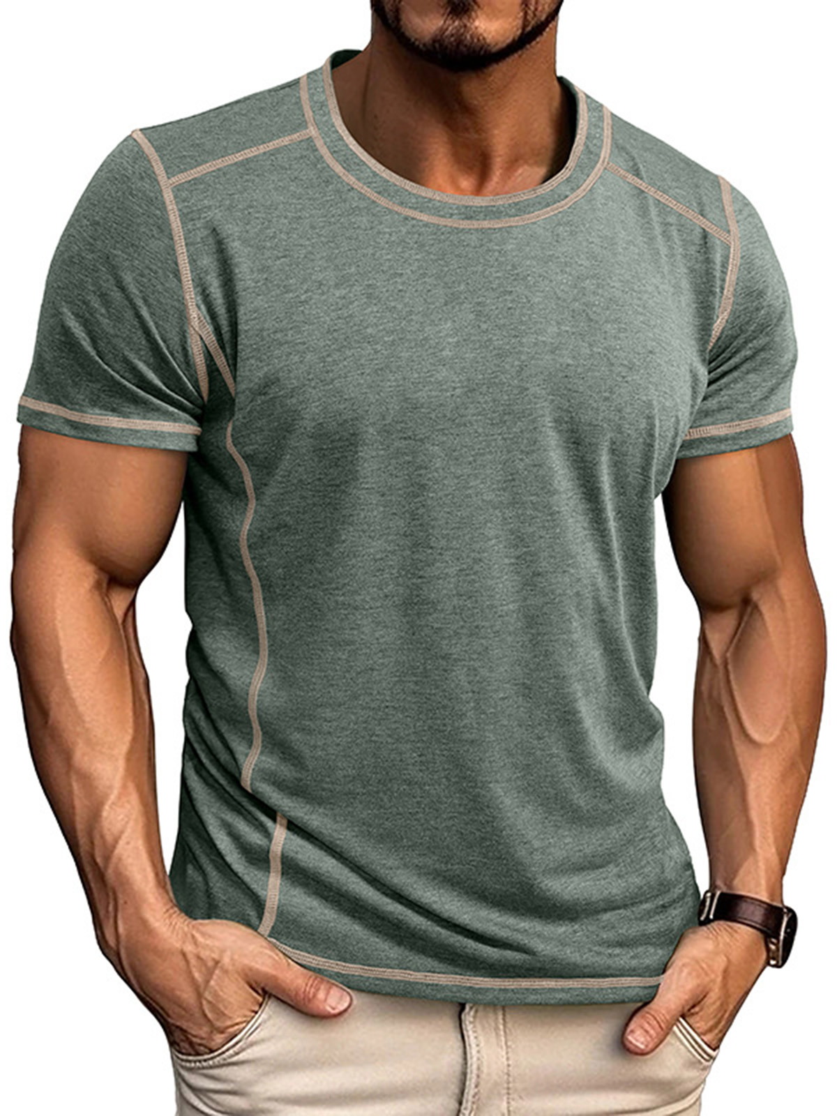Men's Basic Casual Solid Color Stitching Design Round Neck Short-sleeved T-shirt