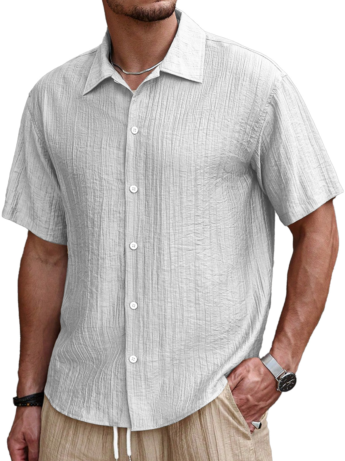 Men's Simple Casual Pleated Solid Color Short Sleeve Button Lapel Shirt