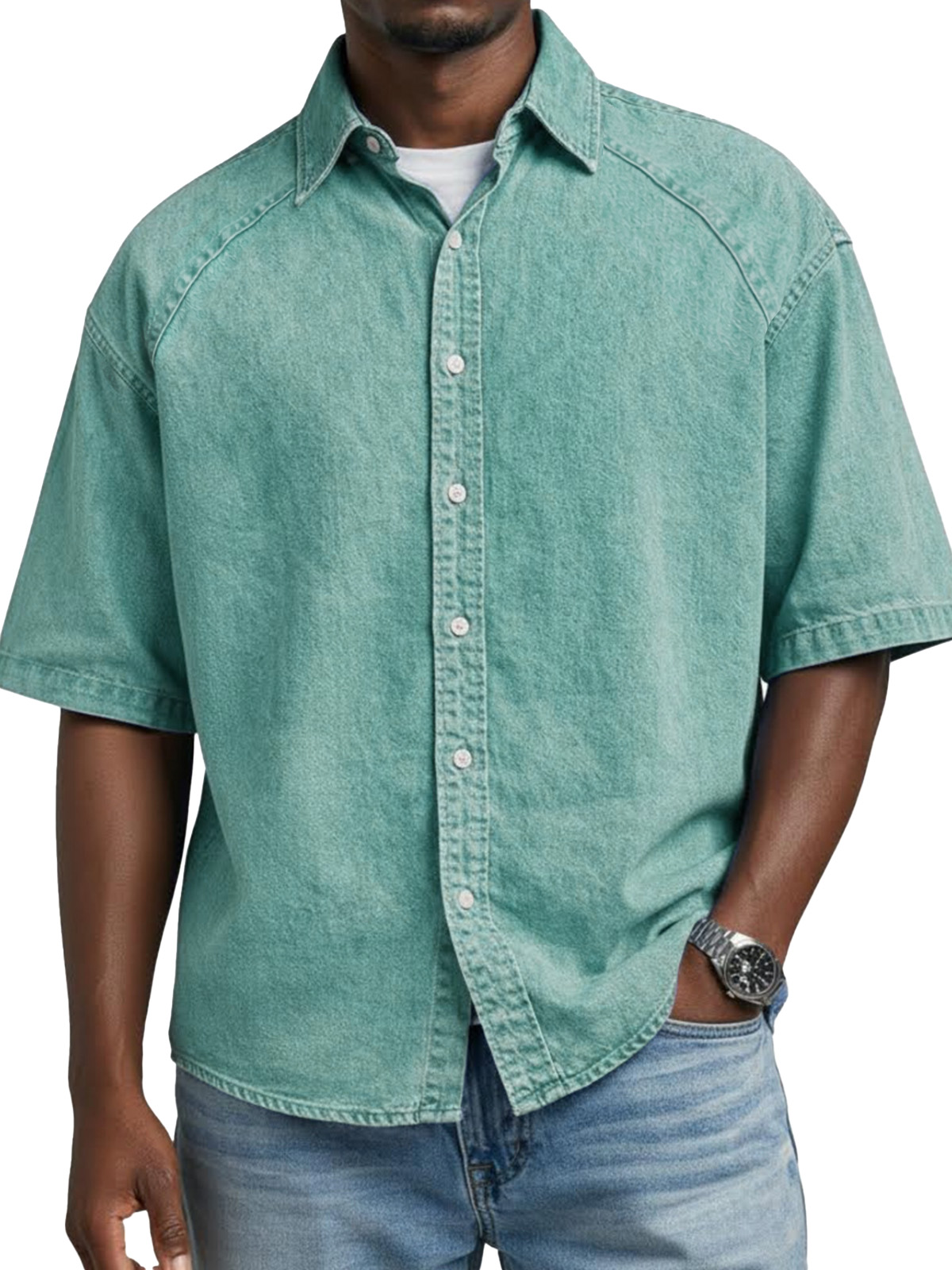 Men's Retro Solid Color Raglan Collared Short-Sleeve Shirt
