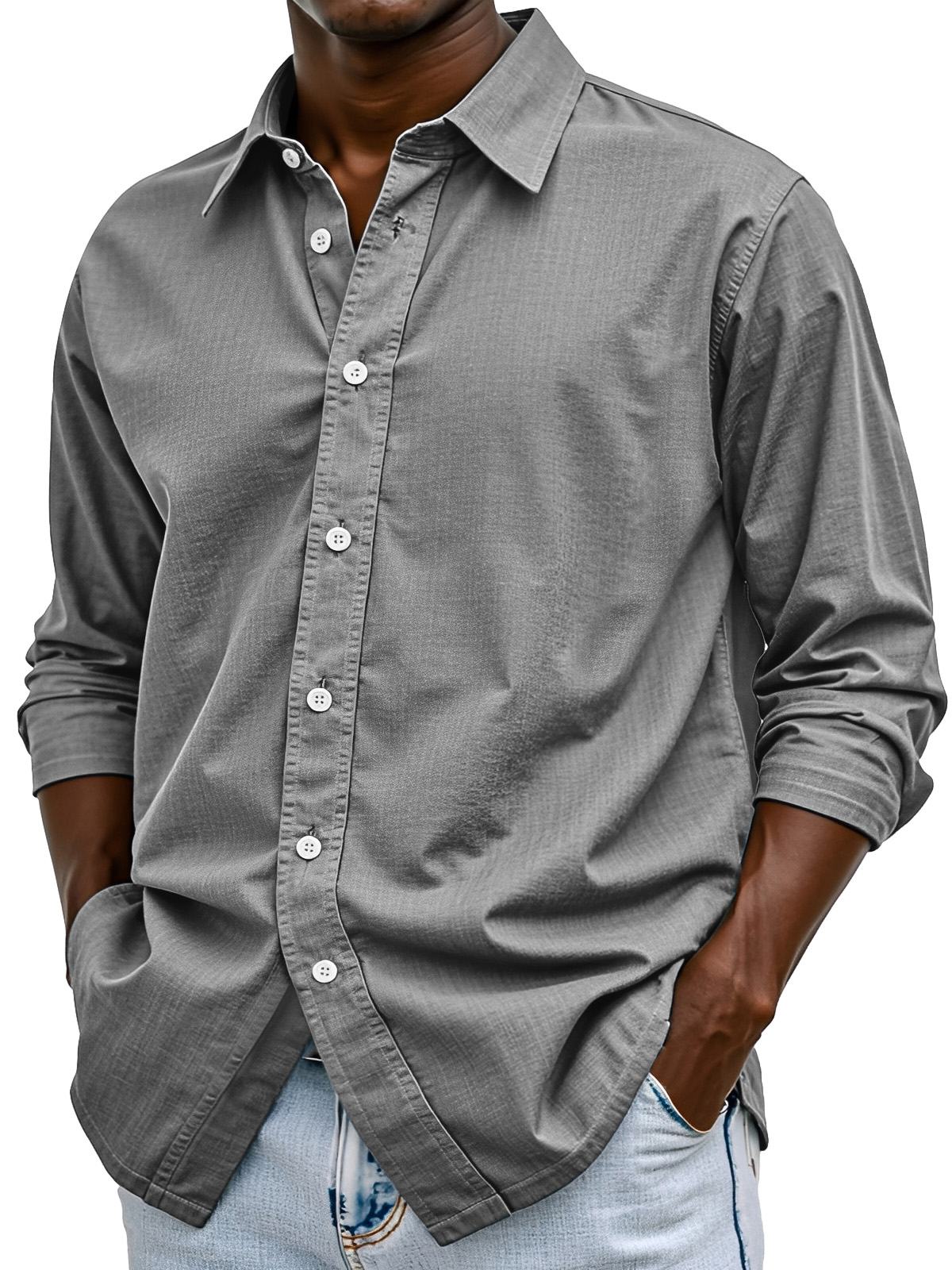 Men's Simple Casual Solid Color Comfortable Loose Lapel Long-sleeved Shirt