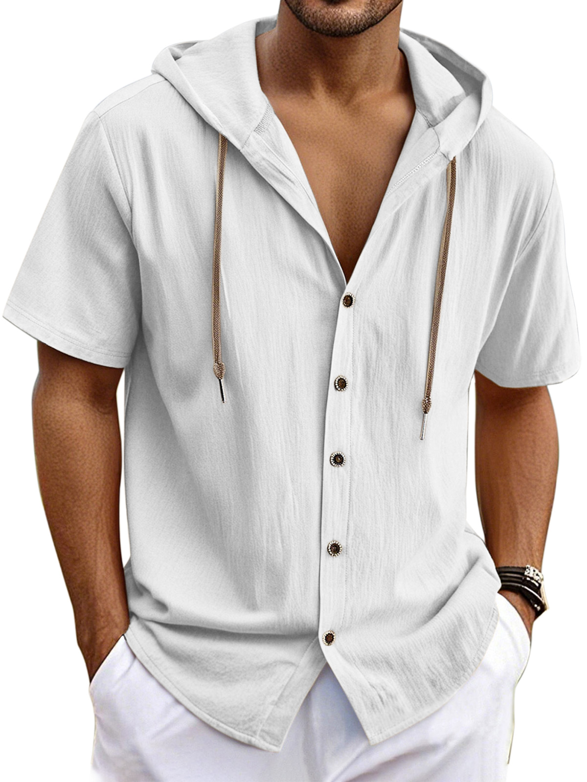Men's Casual Solid Linen Short Sleeve Hooded Shirt