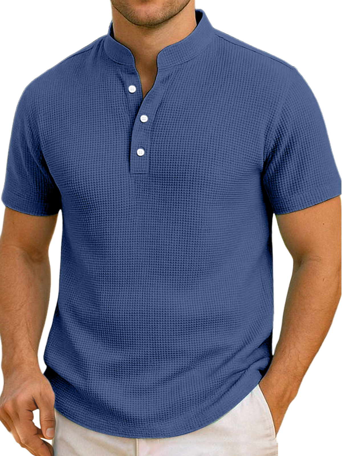 Men's Daily Simple And Comfortable Solid Color Waffle Short-sleeved Henley Shirt