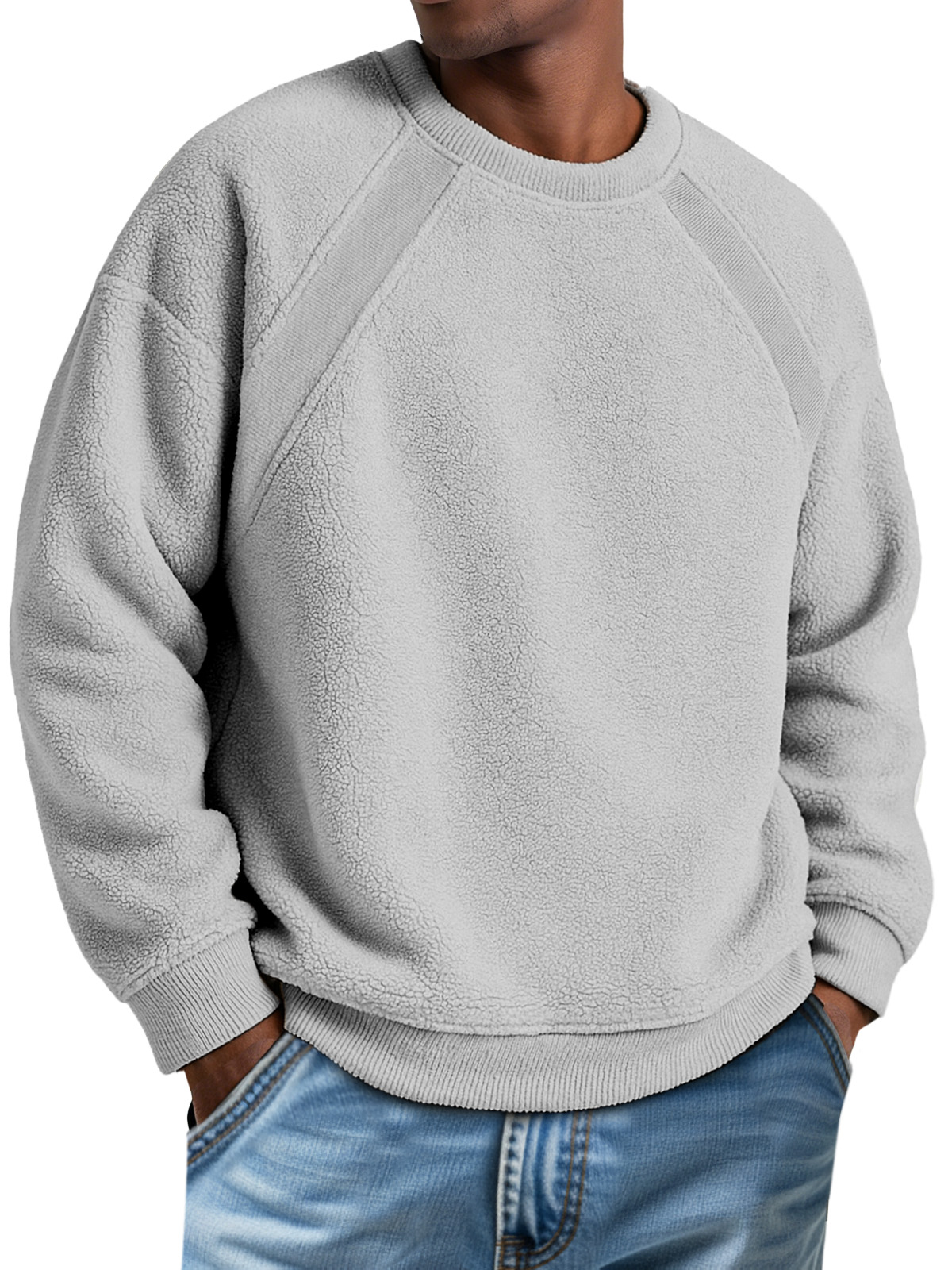 Men's Round Neck Polar Fleece Ribbed Split Patchwork Sweatshirt