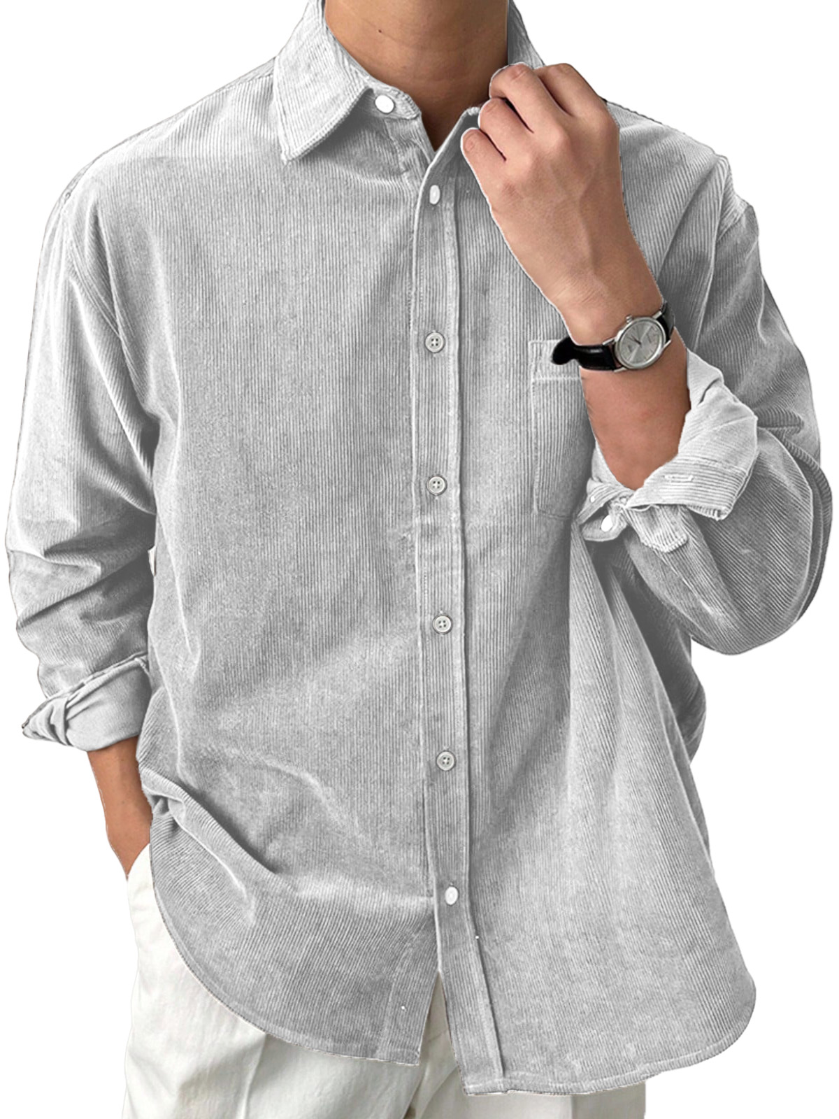 Men's Casual Solid Color Corduroy Loose Lapel Long Sleeve Shirt