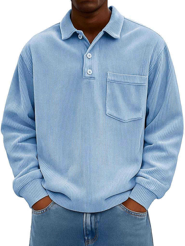 Men's Clothing Fashionable Casual Retro Lapel Corduroy Pit Strip Fabric Long-sleeved Pocket Polo Shirt