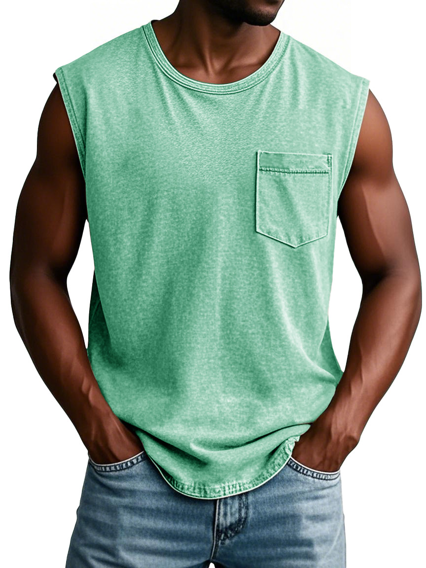 Men's Fashion Retro Round Neck Sleeveless Pocket T-shirt