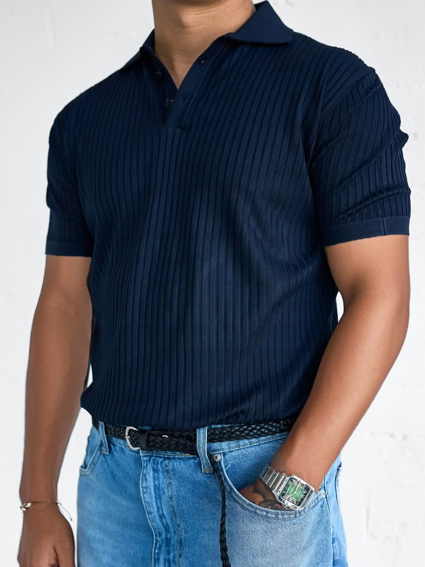 Men's Fashion Casual Retro Ribbed Fabric Short-sleeved Lapel Polo Shirt