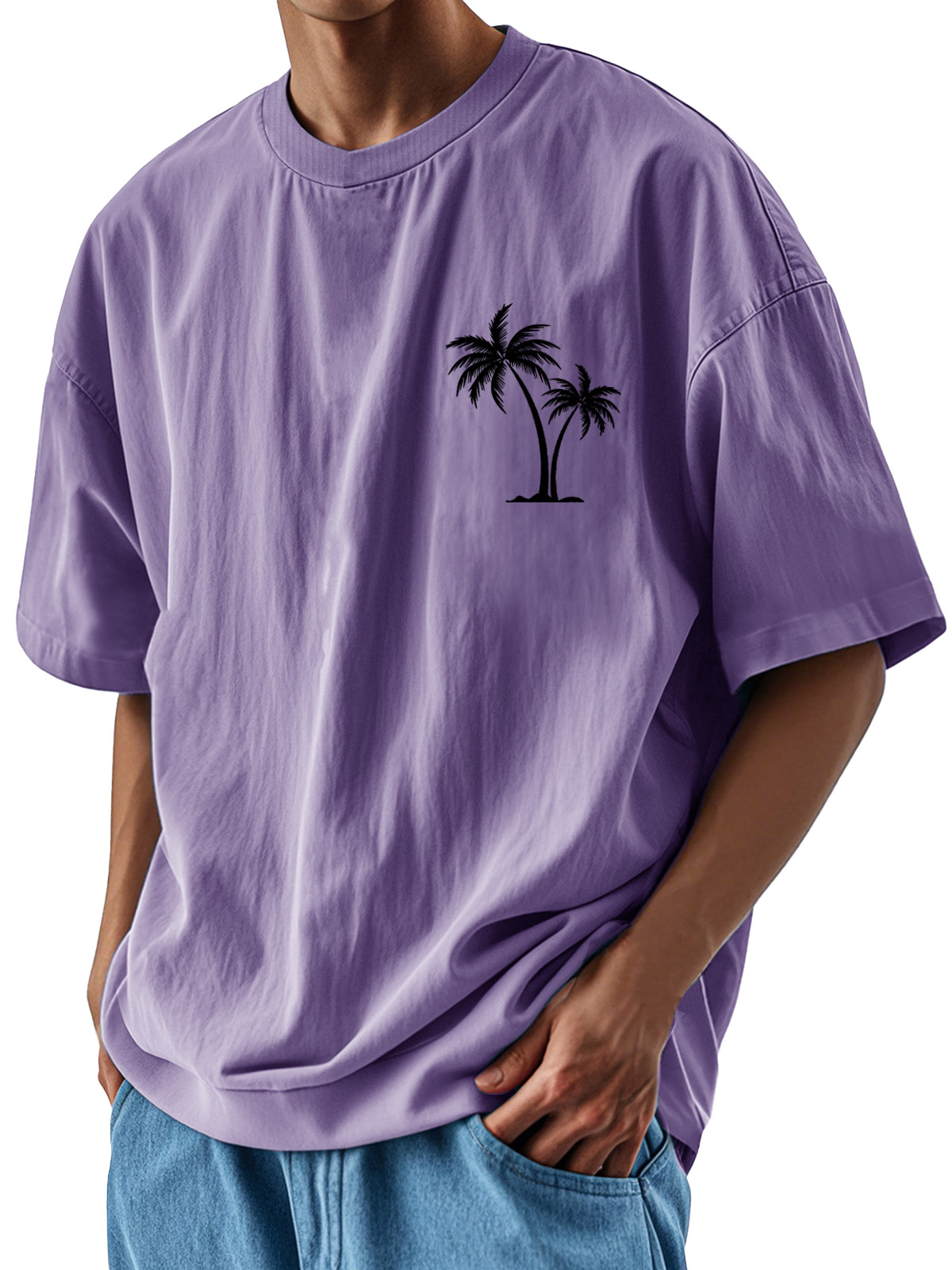 Men's Fashion Casual Loose Pocket Coconut Print Short Sleeve T-Shirt