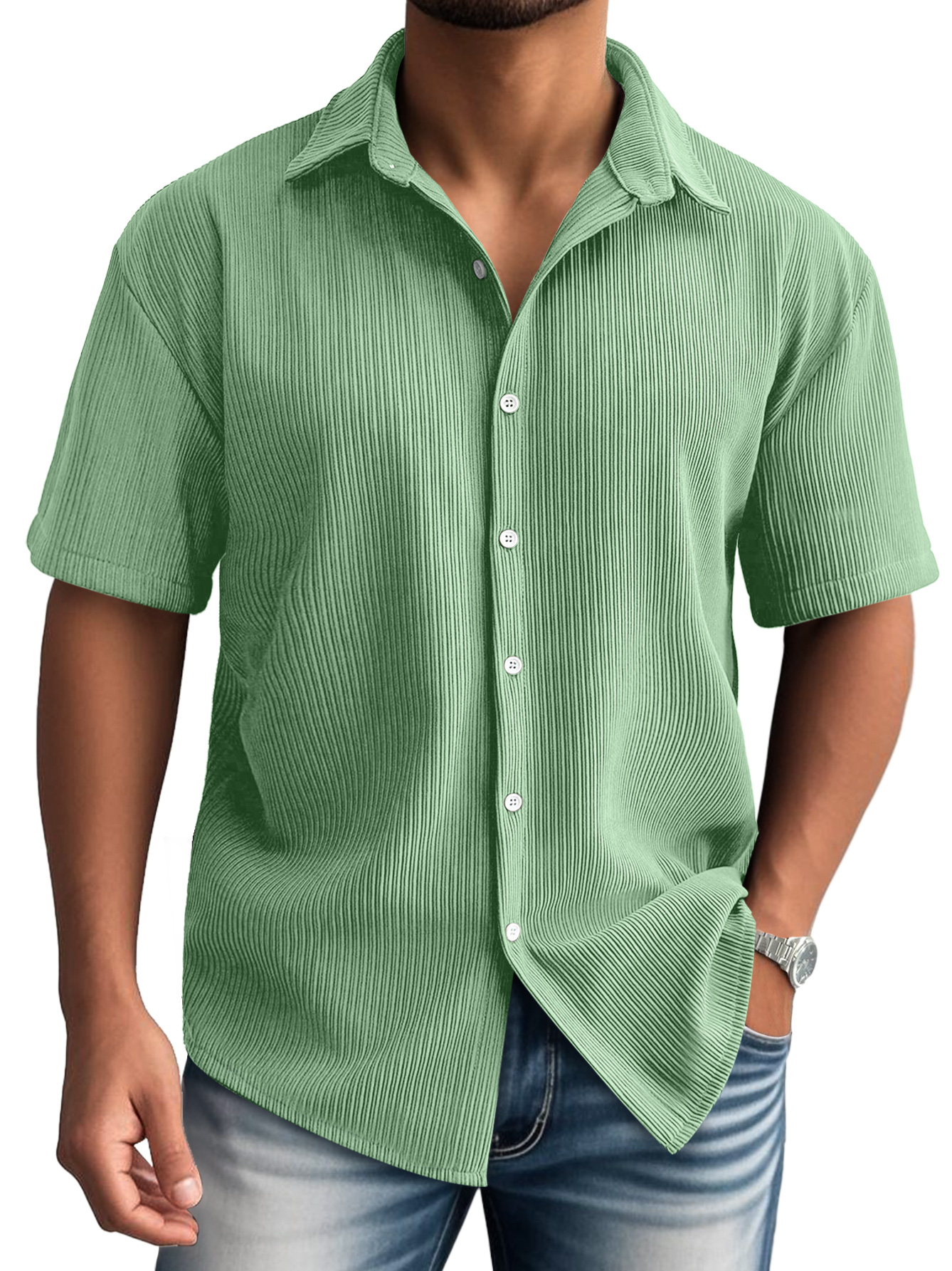Men's Daily Lapel Ribbed Casual Comfortable Short-sleeved Shirt