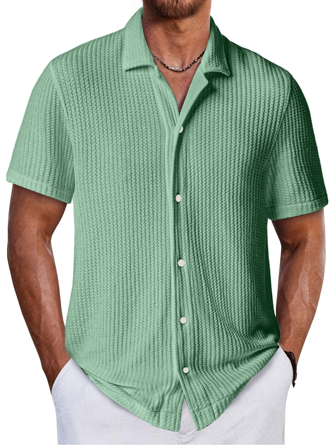 Men's Daily Waffle Texture Casual And Comfortable Short-sleeved Shirt