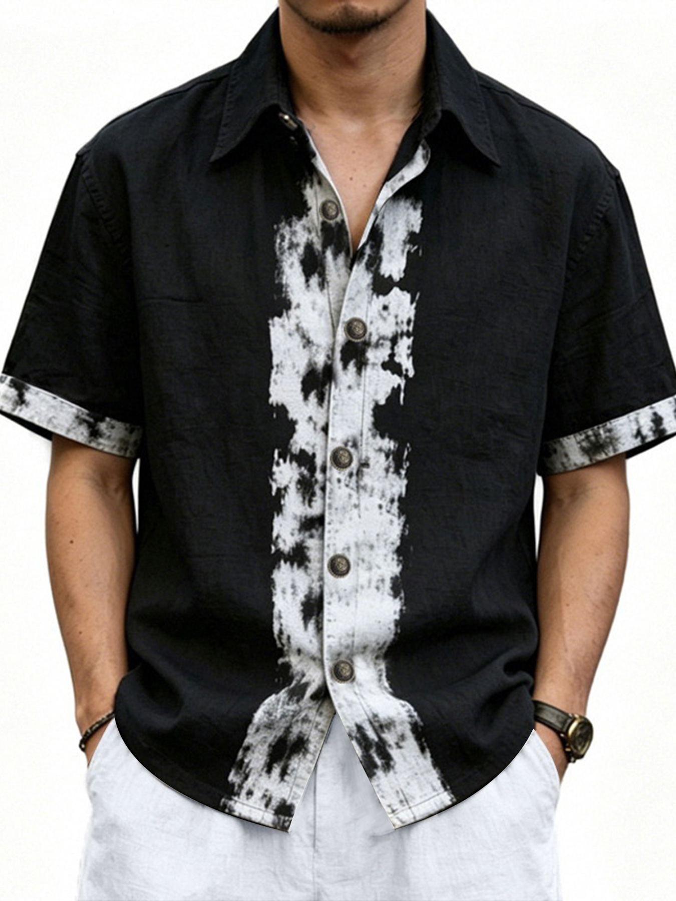 Men's Retro Linen Splatter Graffiti Casual Short-Sleeve Shirt
