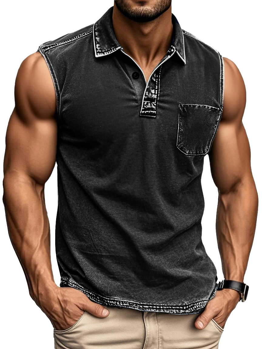 Men's Fashion Daily Distressed Fabric Pocket Sleeveless Polo Shirt