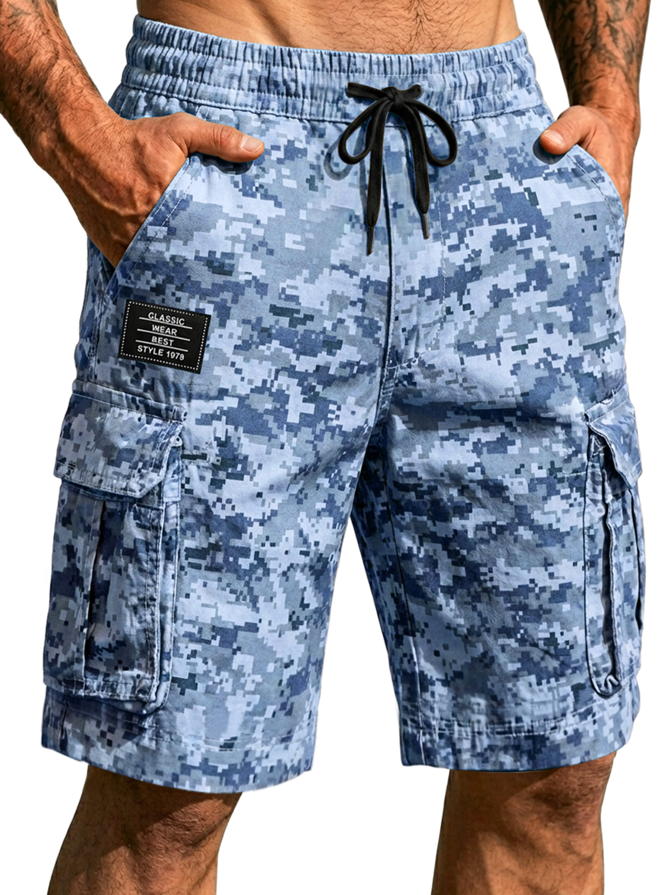 Men's Pixel Camouflage Multi-pocket Embroidered Logo Casual Work Shorts