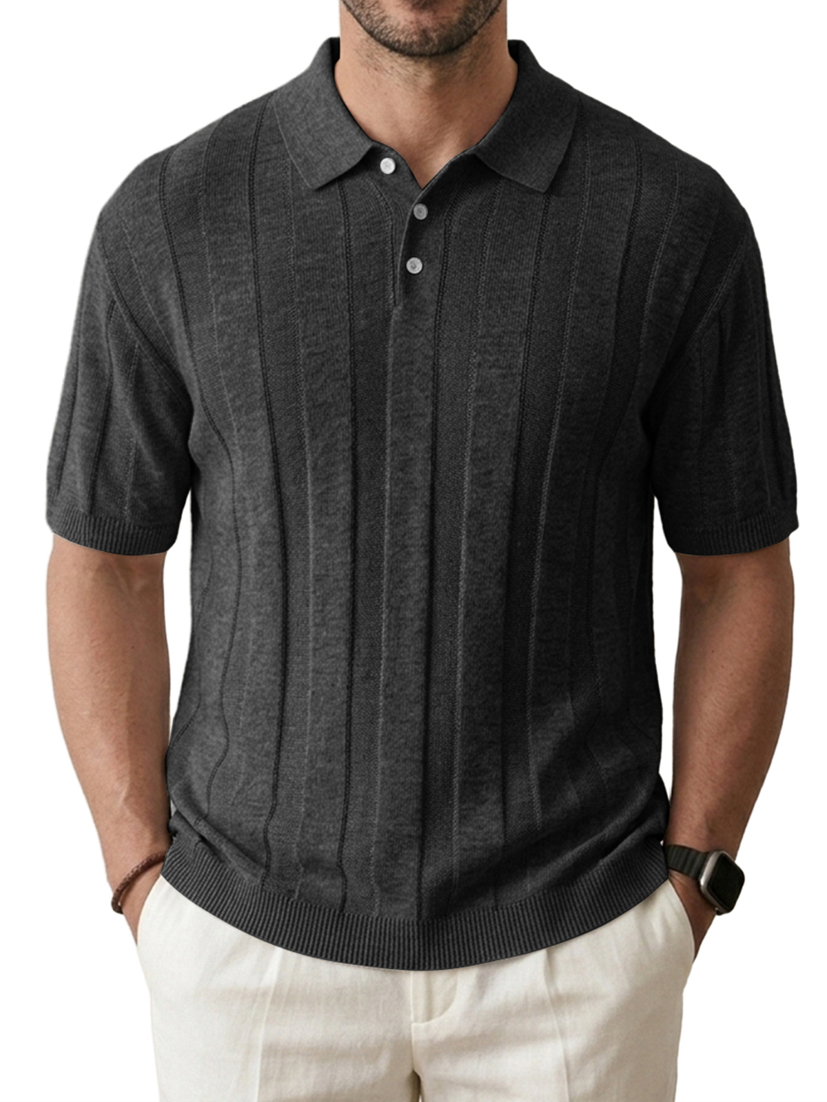 Men's Knitted Stretch Textured Striped Comfortable Short-Sleeve Polo Shirt
