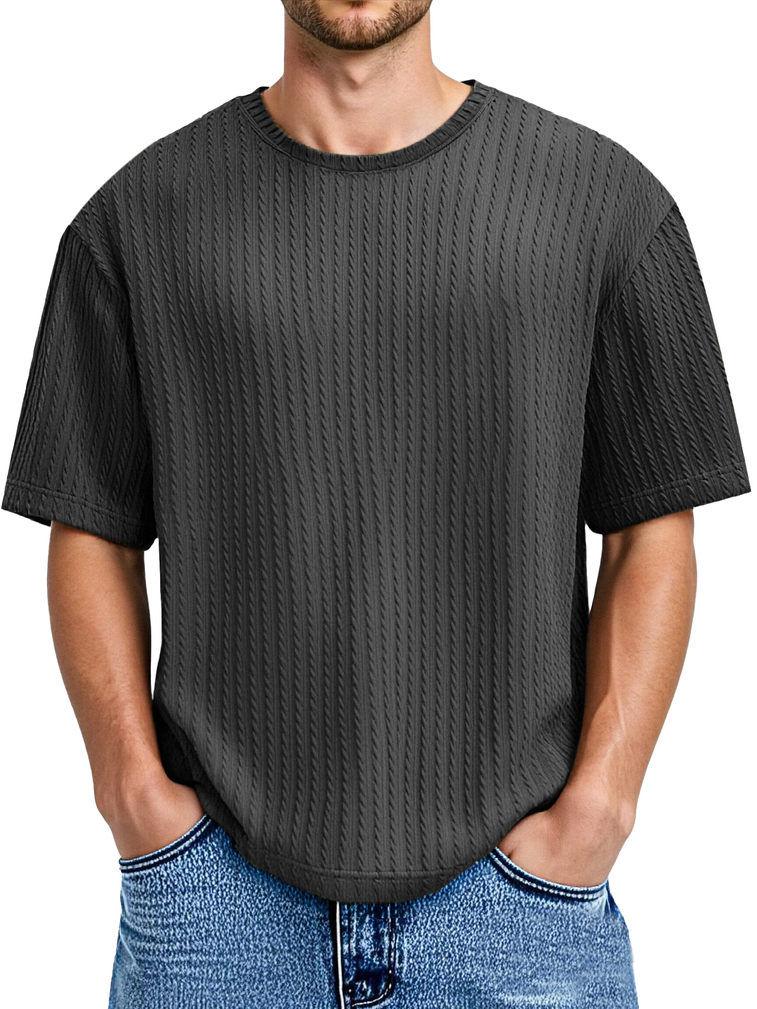 Men's Daily Solid Color Twist Texture Short-sleeved Round Neck T-shirt