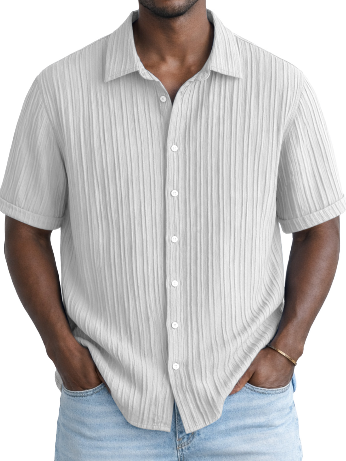 Men's Solid Color Breathable Vertical Stripe Simple Short-Sleeve Shirt