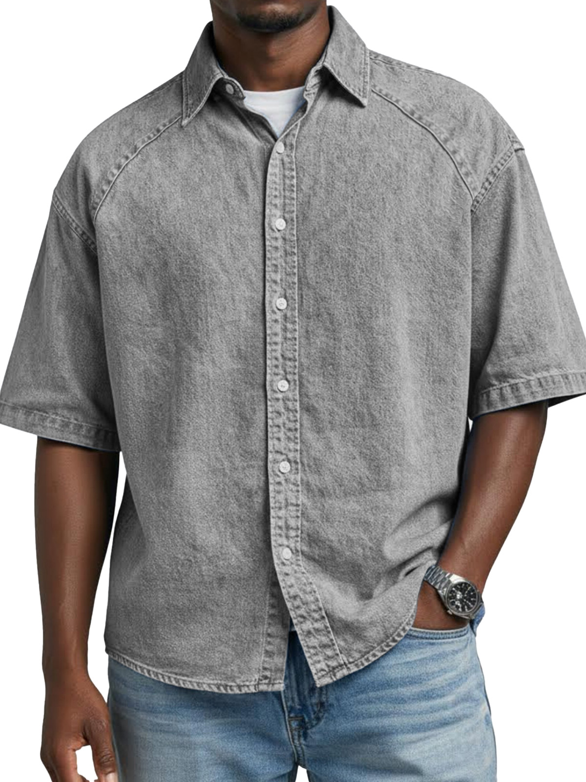 Men's Retro Solid Color Raglan Collared Short-Sleeve Shirt