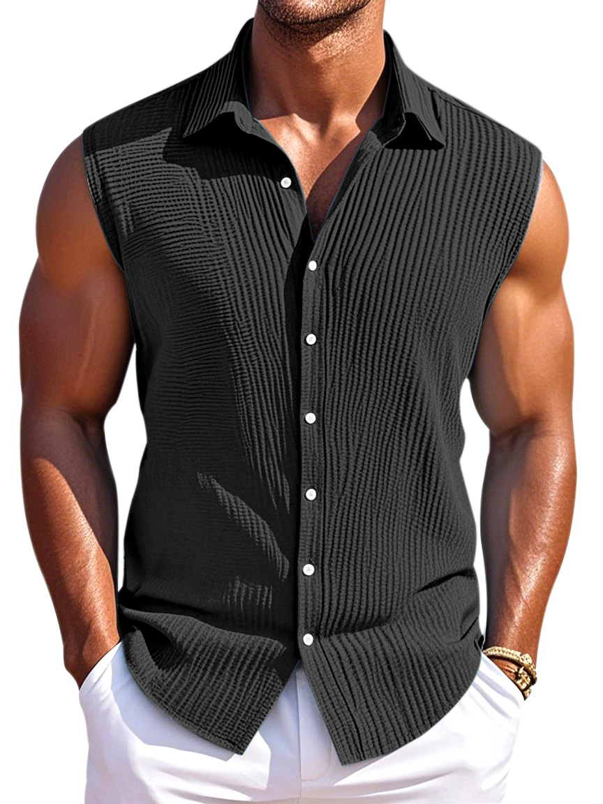 Men's Summer Simple Pleated Texture Daily Lapel Button Sleeveless Shirt