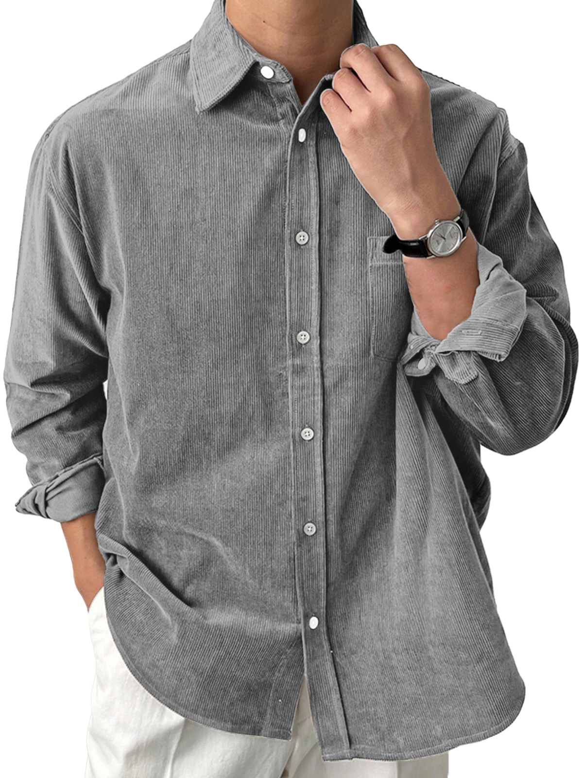Men's Casual Solid Color Corduroy Loose Lapel Long Sleeve Shirt