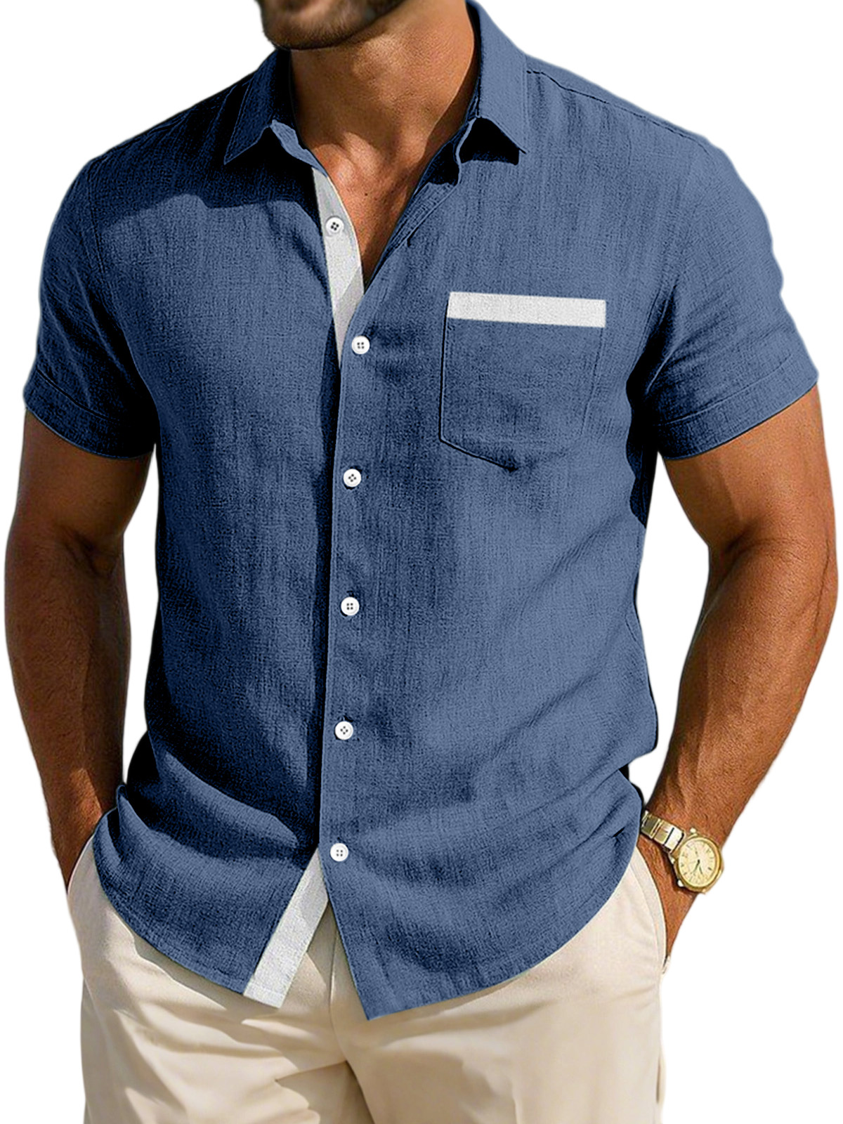 Men's Simple Daily Casual Breathable Contrast Button Short-sleeved Shirt