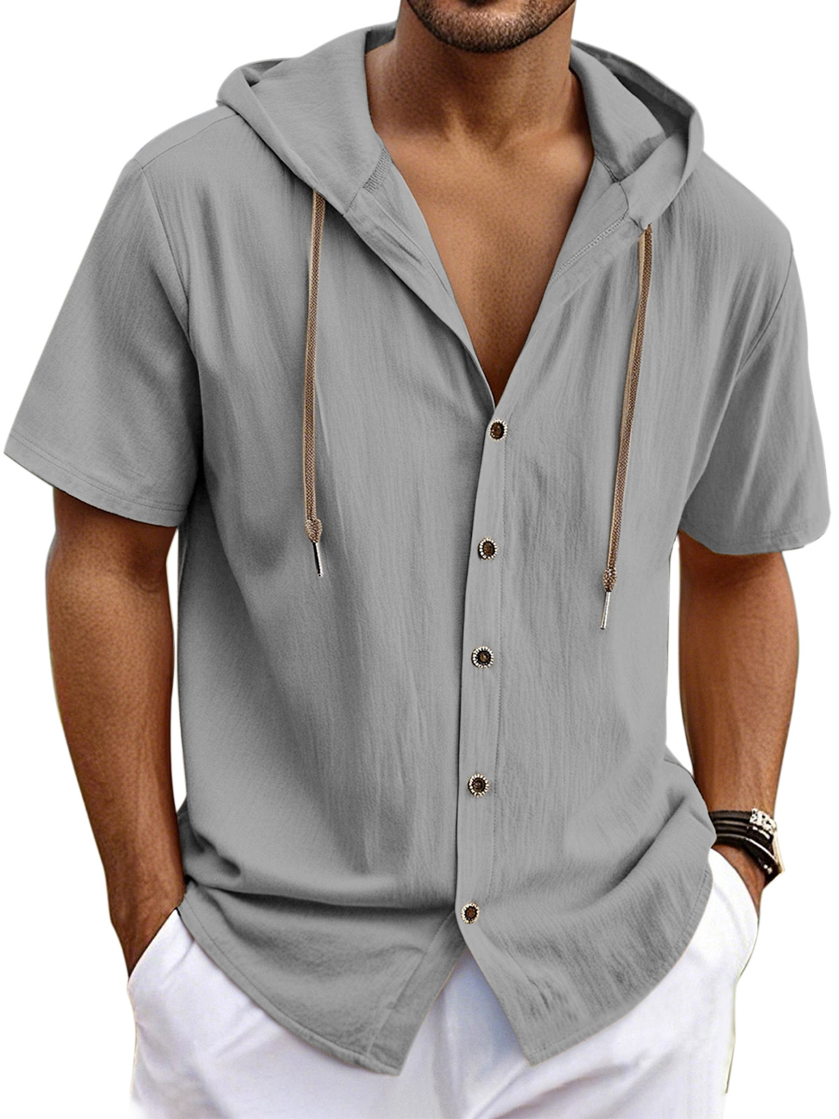 Men's Casual Solid Linen Short Sleeve Hooded Shirt