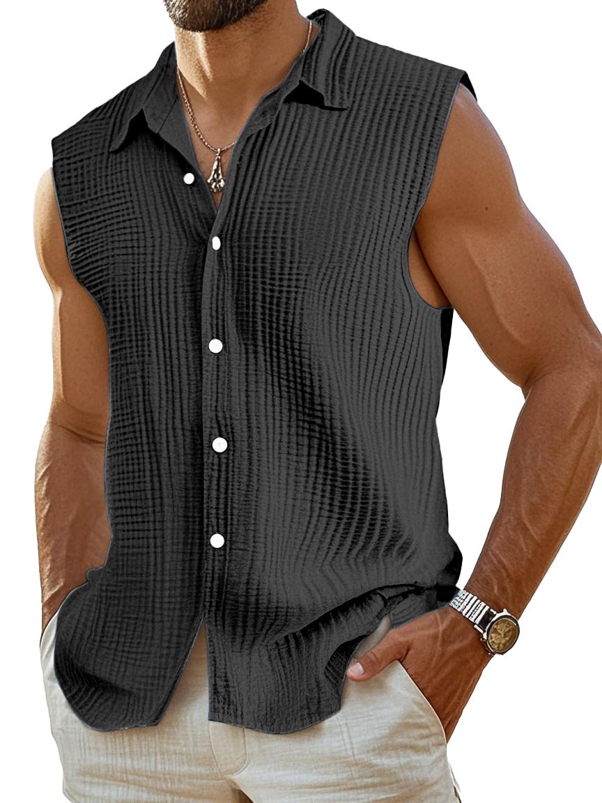 Men's Casual Pleated Texture Solid Color Sleeveless Shirt