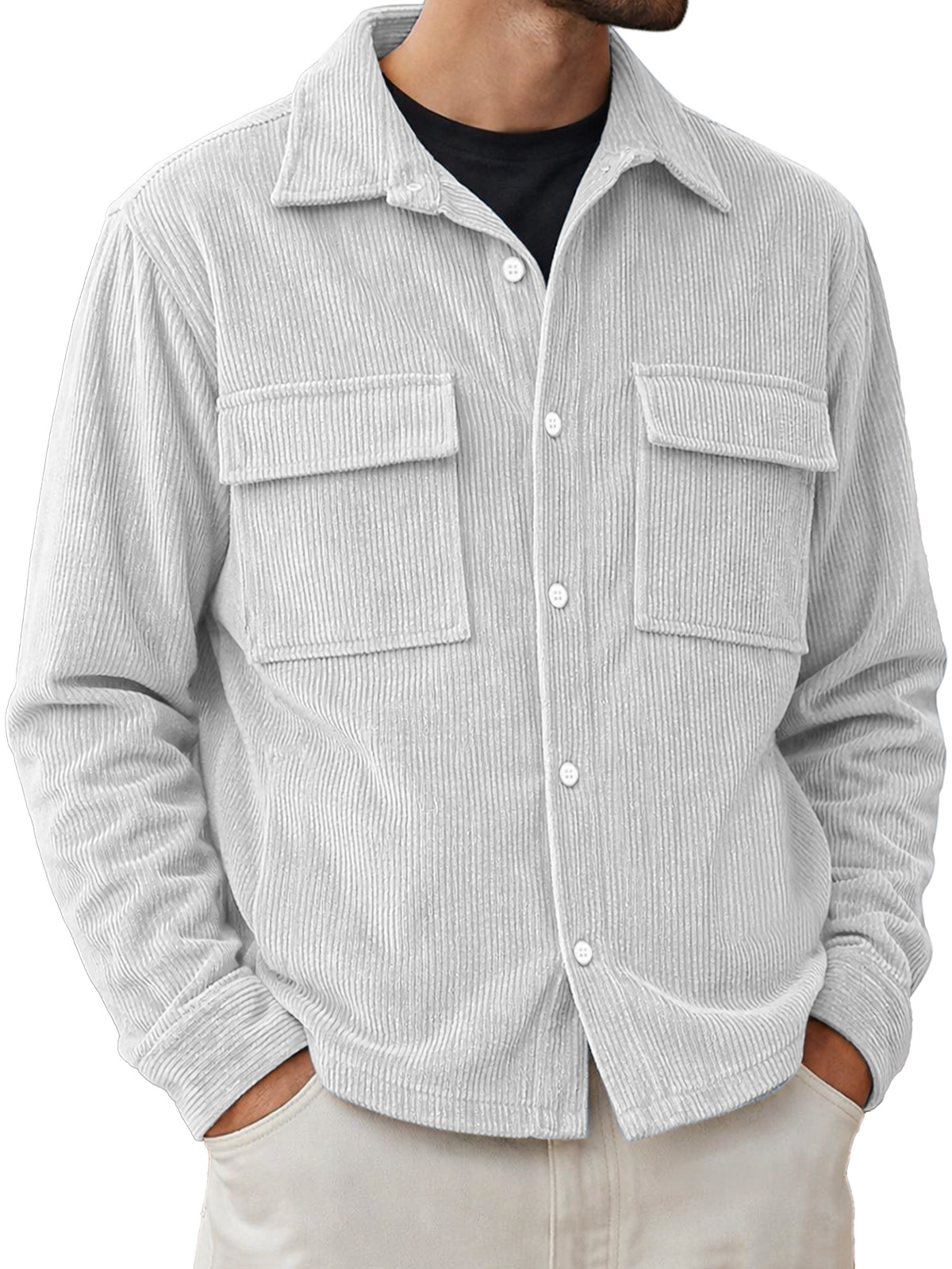 Men's Basic Double-pocket Corduroy Button-down Long-sleeved Shirt