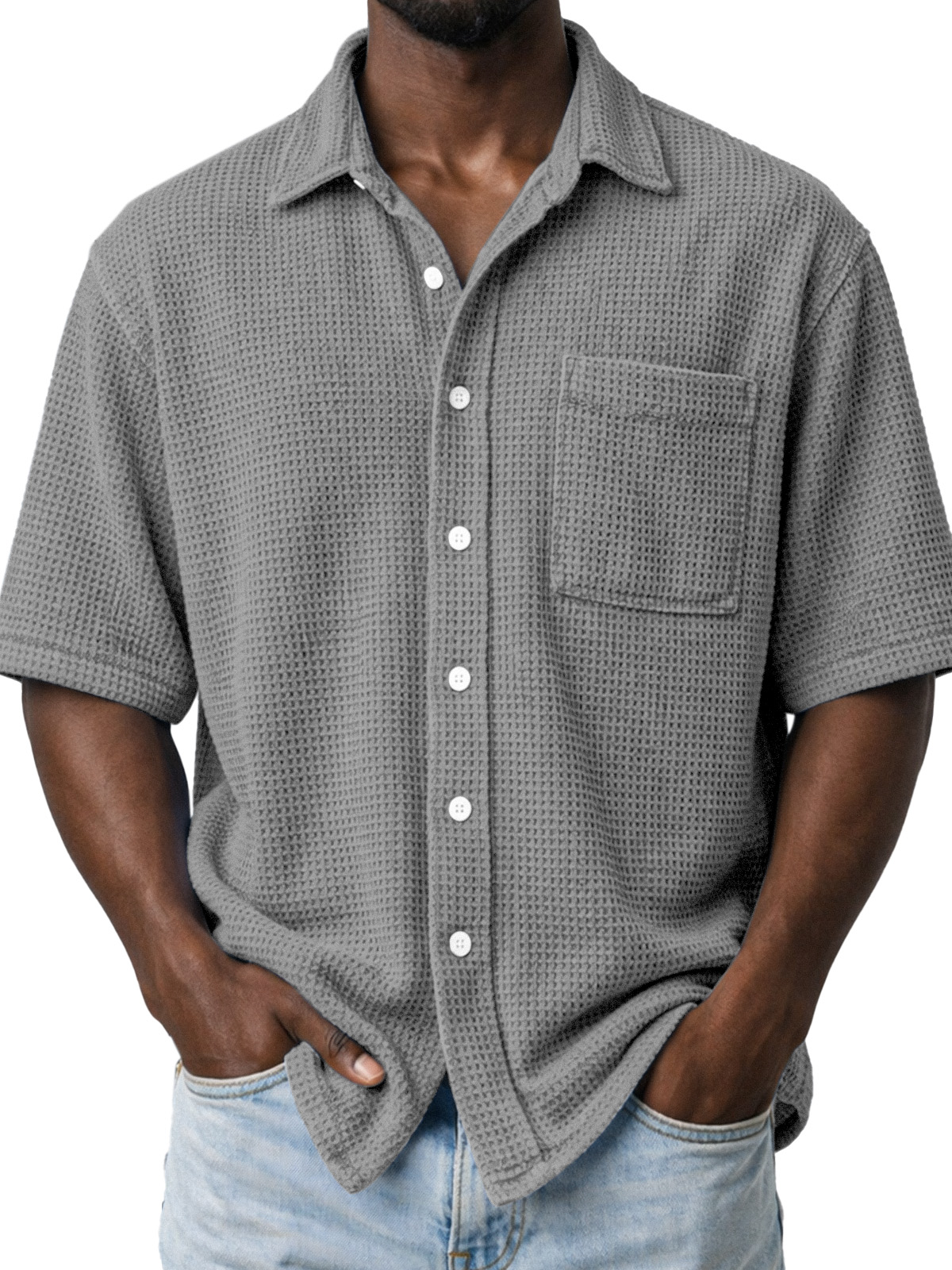 Men's Casual Solid Color Waffle Knit Short-sleeved Shirt With Pockets