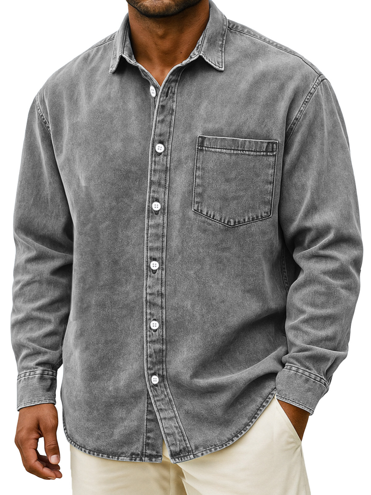 Men's Retro Solid Color Loose Long Sleeve Shirt