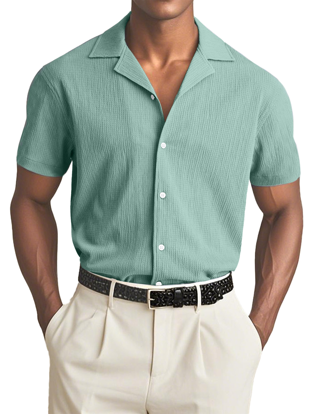 Men's Simple Solid Color Textured Cuban Collar Short-sleeved Shirt