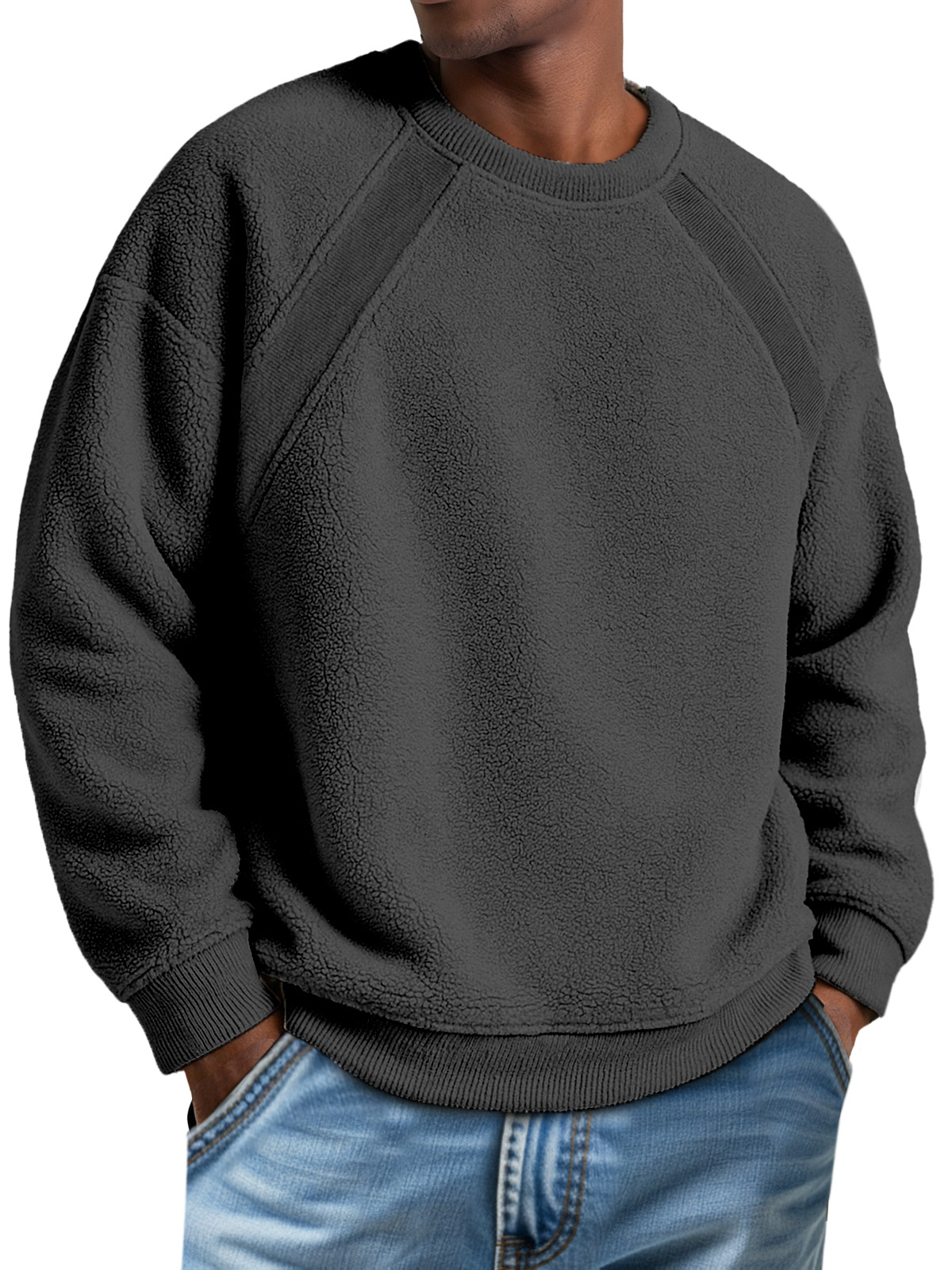 Men's Round Neck Polar Fleece Ribbed Split Patchwork Sweatshirt