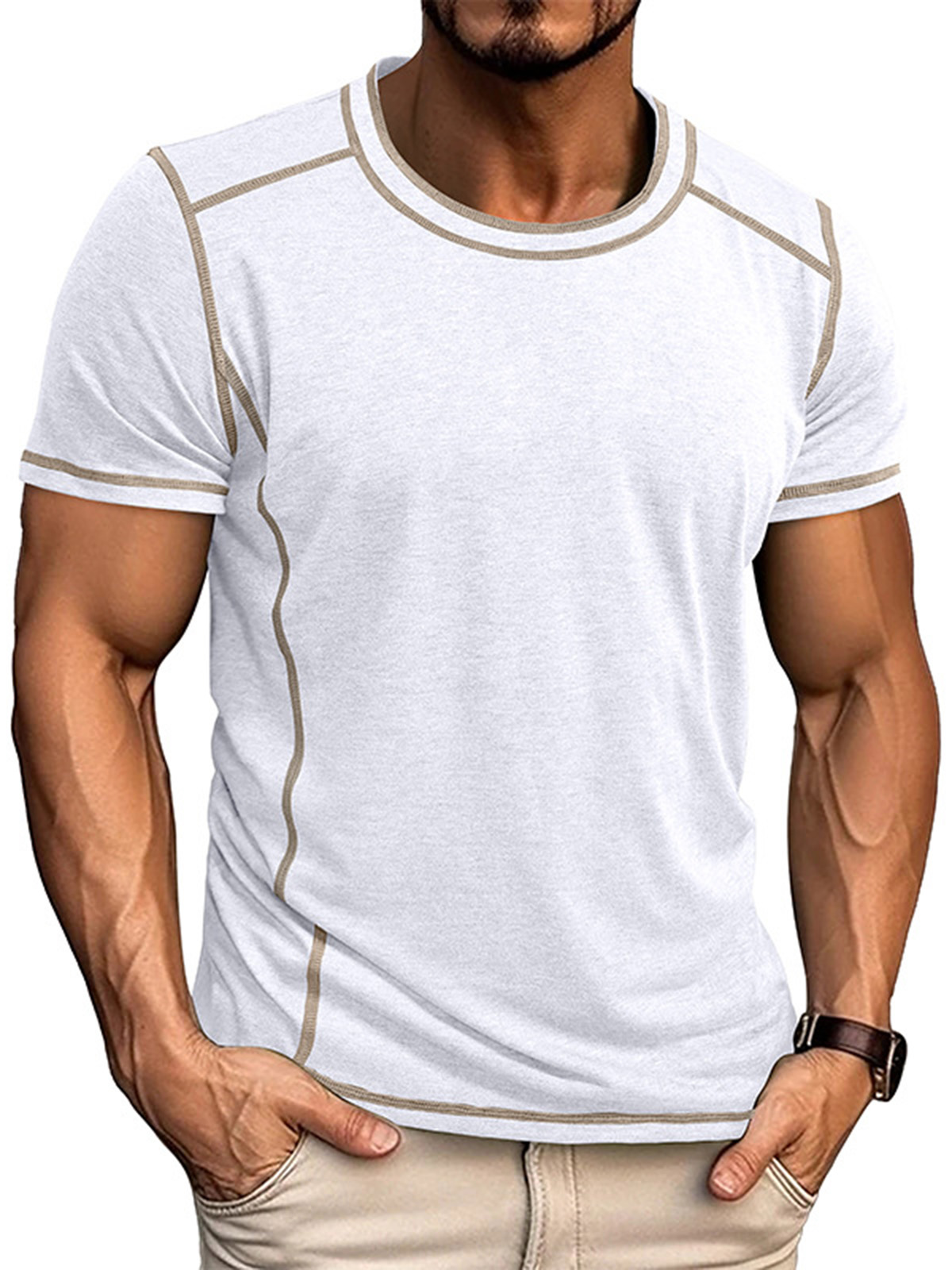 Men's Basic Casual Solid Color Stitching Design Round Neck Short-sleeved T-shirt
