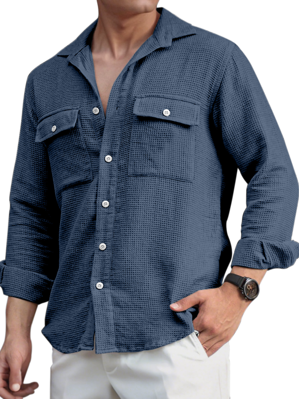 Men's Everyday Casual Solid Color Double Pocket Waffle Lapel Long Sleeve Shirt