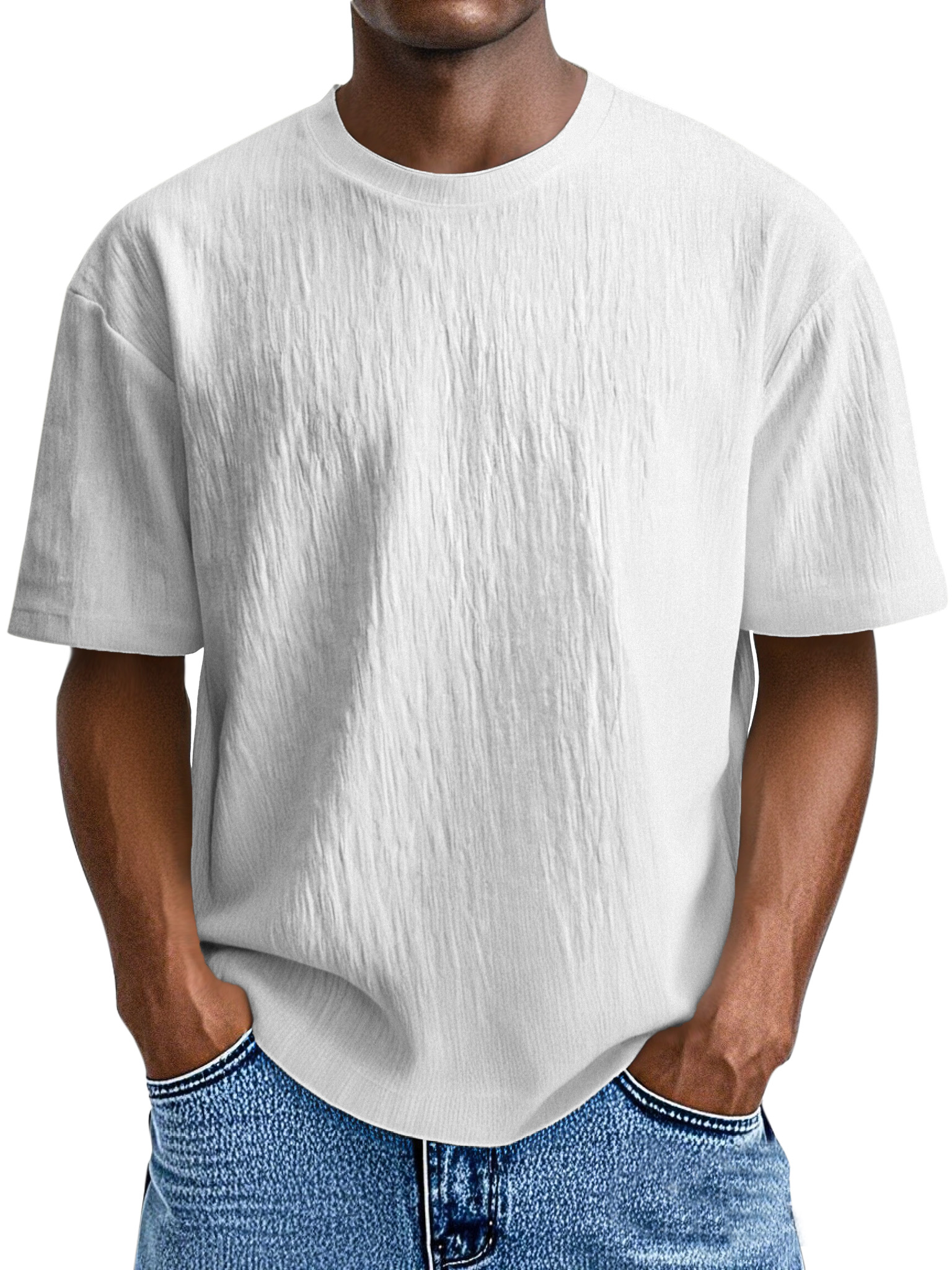 Men's Simple, Comfortable And Loose Solid Color Pleated Round Neck Short-sleeved T-shirt