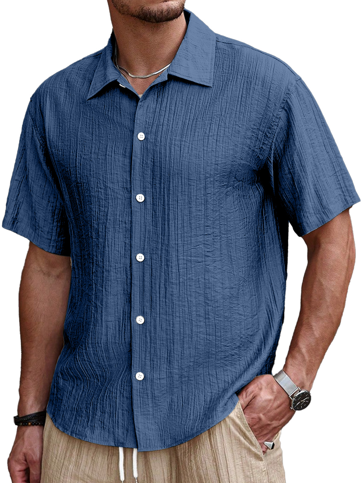 Men's Simple Casual Pleated Solid Color Short Sleeve Button Lapel Shirt