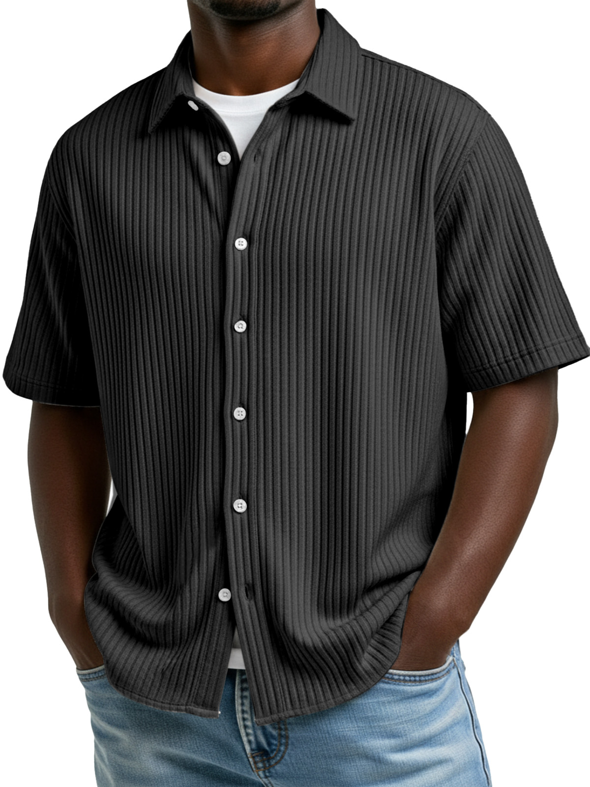 Men's Simple Solid Color Vertical Stripe Lapel Short-Sleeve Shirt