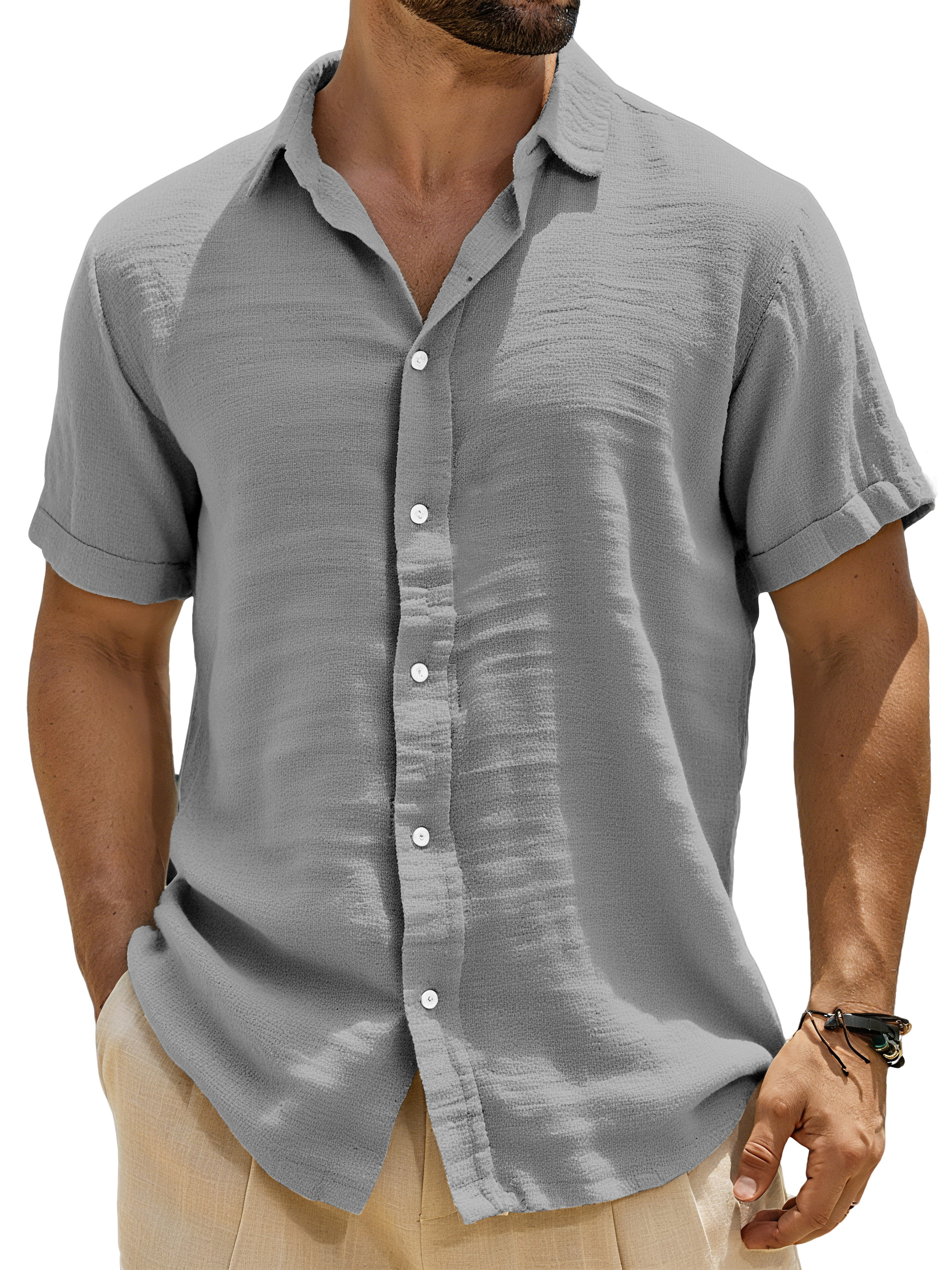Men's Casual Solid Color Breathable Imitation Linen Button Short-sleeved Shirt