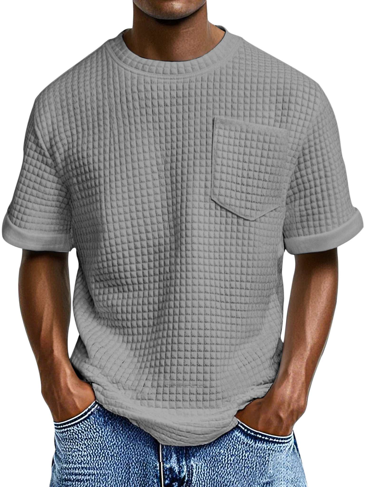 Men's Casual Loose Small Square Texture Pocket Round Neck Short-sleeved T-shirt
