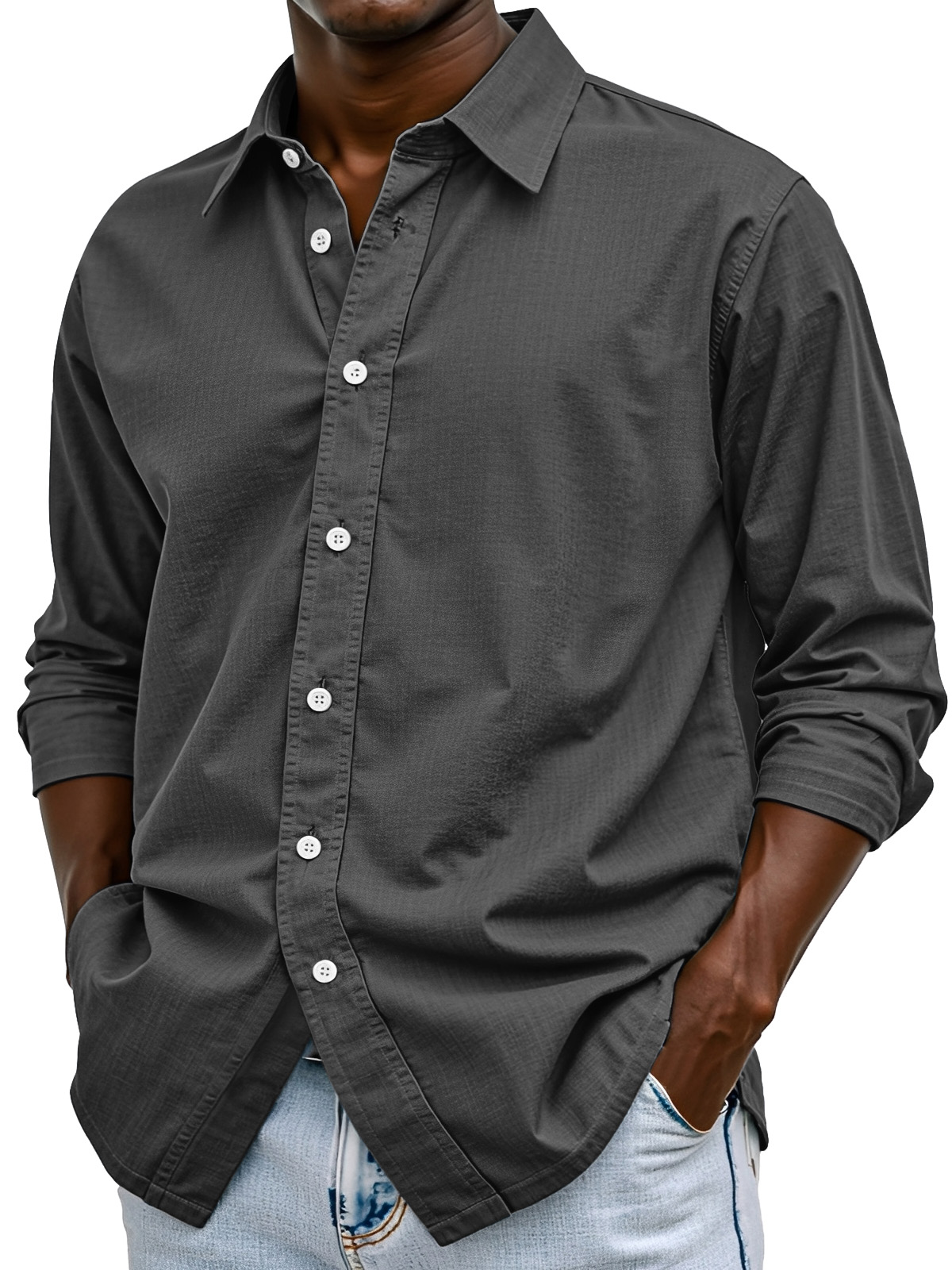 Men's Simple Casual Solid Color Comfortable Loose Lapel Long-sleeved Shirt