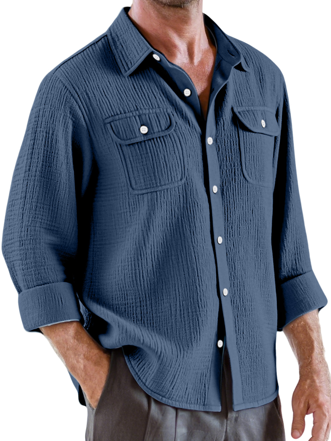 Men's Casual Solid Color Pleated Texture Double Pocket Long Sleeve Shirt
