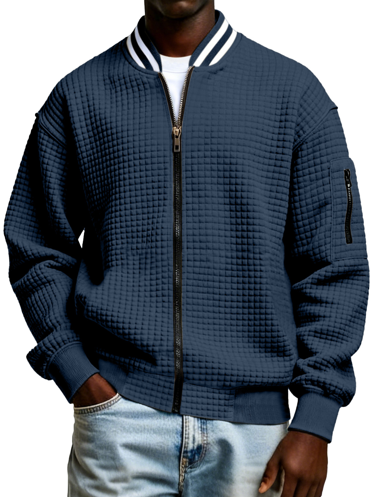 Men's Plaid Texture Solid Color Zipper Stand Collar Sweatshirt Jacket