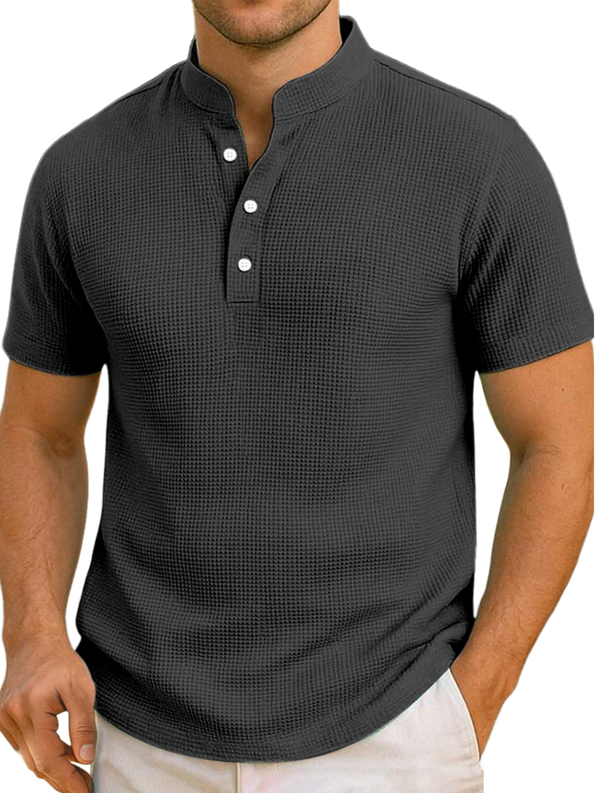 Men's Daily Simple And Comfortable Solid Color Waffle Short-sleeved Henley Shirt