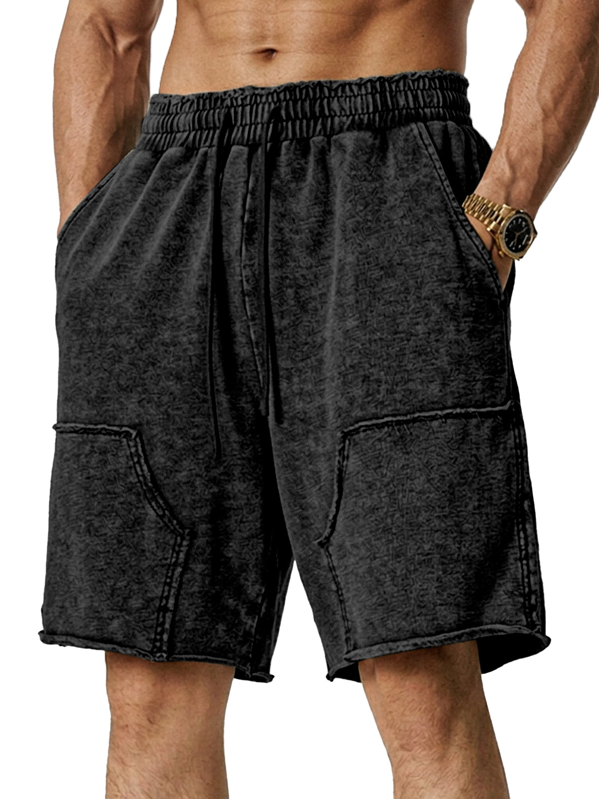 Men's Retro Loose Solid Color Stitching Design Casual Shorts