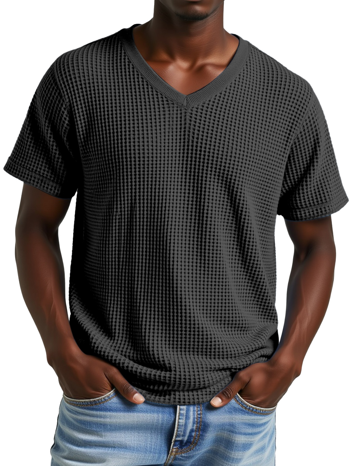 Men's Simple Casual Waffle V-neck Short Sleeve T-shirt